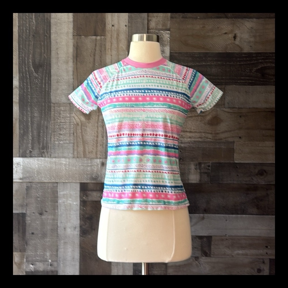 Eddie Bauer short sleeve rashguard girls large pastel stripes tropical beach